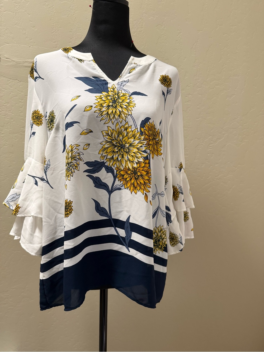Ann Taylor Cream Blouse with Yellow Floral & Navy Accents